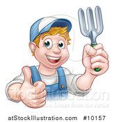 Vector Illustration of a Cartoon Happy White Male Gardener in Blue, Holding a Garden Fork and Giving a Thumb up over a Sign by AtStockIllustration