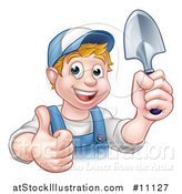 Vector Illustration of a Cartoon Happy White Male Gardener in Blue, Holding a Garden Trowel and Giving a Thumb up by AtStockIllustration