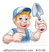 Vector Illustration of a Cartoon Happy White Male Gardener in Blue, Holding a Garden Trowel and Pointing by AtStockIllustration