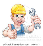 Vector Illustration of a Cartoon Happy White Male Mechanic Holding a Spanner Wrench and Giving a Thumb up by AtStockIllustration