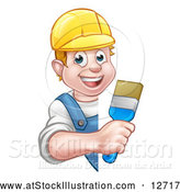 Vector Illustration of a Cartoon Happy White Male Painter Holding a Brush Around a Sign by AtStockIllustration