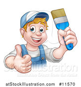 Vector Illustration of a Cartoon Happy White Male Painter Holding up a Brush and Giving a Thumb up by AtStockIllustration