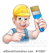 Vector Illustration of a Cartoon Happy White Male Painter Holding up a Brush and Pointing by AtStockIllustration