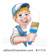 Vector Illustration of a Cartoon Happy White Male Painter Holding up a Brush Around a Sign by AtStockIllustration