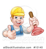 Vector Illustration of a Cartoon Happy White Male Plumber Holding a Plunger and Giving a Thumb up by AtStockIllustration