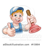 Vector Illustration of a Cartoon Happy White Male Plumber Holding a Plunger and Giving a Thumb up by AtStockIllustration