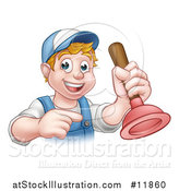 Vector Illustration of a Cartoon Happy White Male Plumber Holding a Plunger and Pointing by AtStockIllustration