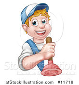 Vector Illustration of a Cartoon Happy White Male Plumber Holding a Plunger Around a Sign by AtStockIllustration