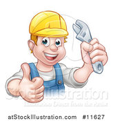 Vector Illustration of a Cartoon Happy White Male Plumber Wearing a Hat, Holding an Adjustable Wrench and Giving a Thumb up by AtStockIllustration