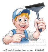Vector Illustration of a Cartoon Happy White Male Window Cleaner in Blue, Pointing and Holding a Squeegee by AtStockIllustration