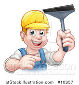 Vector Illustration of a Cartoon Happy White Male Window Cleaner Wearing a Hard Hat, Pointing and Holding a Squeegee by AtStockIllustration