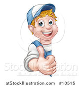 Vector Illustration of a Cartoon Happy White Male Worker Giving a Thumb up Around a Sign by AtStockIllustration