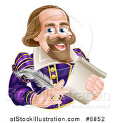 Vector Illustration of a Cartoon Happy William Shakespeare Holding a Scroll and Feather Quill by AtStockIllustration
