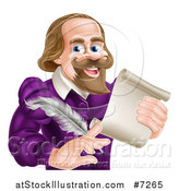 Vector Illustration of a Cartoon Happy William Shakespeare Holding a Scroll and Feather Quill, from Waist up by AtStockIllustration