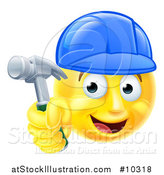 Vector Illustration of a Cartoon Happy Yellow Emoji Smiley Face Emoticon Carpenter Holding a Hammer by AtStockIllustration