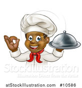 Vector Illustration of a Cartoon Happy Young Black Male Chef Holding a Cloche Platter and Gesturing Ok or Perfect by AtStockIllustration