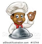 Vector Illustration of a Cartoon Happy Young Black Male Chef Holding a Cloche Platter and Gesturing Perfect by AtStockIllustration