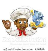 Vector Illustration of a Cartoon Happy Young Black Male Chef Holding a Fish Character and Chips on a Tray by AtStockIllustration
