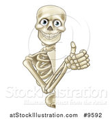 Vector Illustration of a Cartoon Human Skeleton Giving a Thumb up Around a Sign by AtStockIllustration
