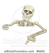 Vector Illustration of a Cartoon Human Skeleton Pointing down over a Sign by AtStockIllustration