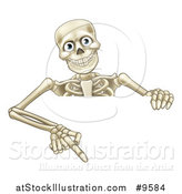Vector Illustration of a Cartoon Human Skeleton Pointing down over a Sign by AtStockIllustration
