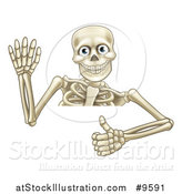 Vector Illustration of a Cartoon Human Skeleton Waving and Holding a Thumb up over a Sign by AtStockIllustration