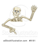 Vector Illustration of a Cartoon Human Skeleton Waving and Pointing down over a Sign by AtStockIllustration