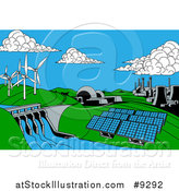 Vector Illustration of a Cartoon Landscape of Renewable Energy Plants with a Dam, Solar Panels, Wind Turbines, Coal Plants and Nuclear Plants by AtStockIllustration