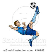 Vector Illustration of a Cartoon Male Soccer Player in a Blue Uniform, Kicking a Ball in Mid Air by AtStockIllustration