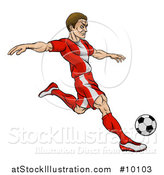 Vector Illustration of a Cartoon Male Soccer Player in a Red Uniform, Kicking a Ball by AtStockIllustration