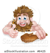 Vector Illustration of a Cartoon Muscular Happy Caveman Holding a Club and Giving a Thumb up over a Sign by AtStockIllustration