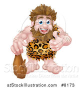 Vector Illustration of a Cartoon Muscular Happy Caveman Standing with a Club and Giving a Thumb up by AtStockIllustration