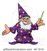 Vector Illustration of a Cartoon Old Wizard Holding a Wand and Presenting by AtStockIllustration