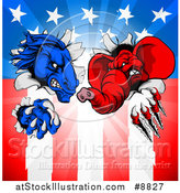 Vector Illustration of a Cartoon Political Aggressive Democratic Donkey or Horse and Republican Elephant Shredding Through an American Flag and Burst by AtStockIllustration