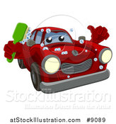 Vector Illustration of a Cartoon Red Car Character Holding a Thumb up and a Scrub Brush by AtStockIllustration