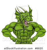 Vector Illustration of a Cartoon Roaring Green Muscular Dragon Man Flexing, from the Waist up by AtStockIllustration