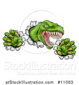 Vector Illustration of a Cartoon Roaring Green Tyrannosaurus Rex Dinosaur Slashing Through Metal by AtStockIllustration