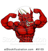 Vector Illustration of a Cartoon Roaring Red Muscular Dragon Man Flexing, from the Waist up by AtStockIllustration