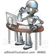 Vector Illustration of a Cartoon Robot Talking on a Cell Phone and Working at a Computer Desk by AtStockIllustration