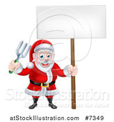 Vector Illustration of a Cartoon Santa Holding a Blank Sign and Garden Fork by AtStockIllustration