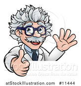 Vector Illustration of a Cartoon Senior Male Scientist Giving a Thumb up and Waving over a Sign by AtStockIllustration