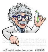 Vector Illustration of a Cartoon Senior Male Scientist Holding a Test Tube over a Sign by AtStockIllustration