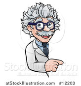 Vector Illustration of a Cartoon Senior Male Scientist Pointing Around a Sign by AtStockIllustration