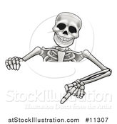 Vector Illustration of a Cartoon Skeleton Pointing down over a Sign by AtStockIllustration