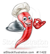 Vector Illustration of a Cartoon Spicy Hot Red Chili Pepper Chef Mascot Holding a Cloche and Gesturing Ok by AtStockIllustration