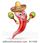 Vector Illustration of a Cartoon Spicy Hot Red Chili Pepper Mascot Wearing a Sombrero and Shaking Mexican Maracas by AtStockIllustration