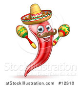 Vector Illustration of a Cartoon Spicy Hot Red Chili Pepper Mascot Wearing a Sombrero Hat and Shaking Mexican Maracas by AtStockIllustration