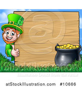 Vector Illustration of a Cartoon St Patricks Day Leprechaun Giving a Thumb up Around a Wood Sign with a Pot of Gold by AtStockIllustration