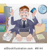 Vector Illustration of a Cartoon Stressed Caucasian Business Man Multi Tasking with Many Arms at His Office Desk by AtStockIllustration