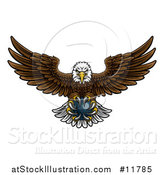 Vector Illustration of a Cartoon Swooping American Bald Eagle with a Bowling Ball in His Talons by AtStockIllustration